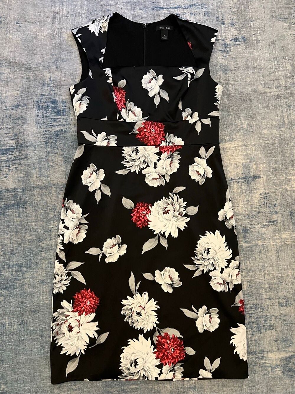 White House Black Market Floral Red Satin Square Neck Sheath Dress Size 14